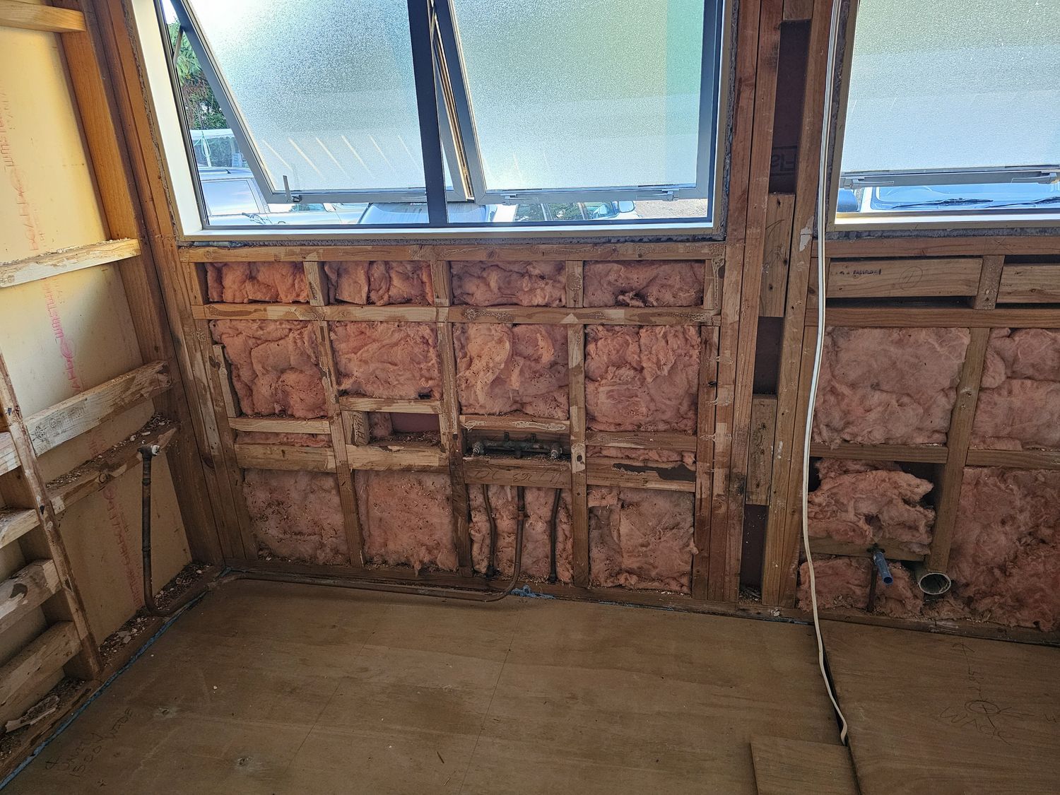 Taharoa bathroom, stripped back to framing before renovation